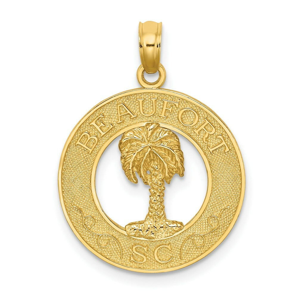 14K Yellow Gold BEAUFORT, SC On Round Frame With Palm Tree Charm Pendant