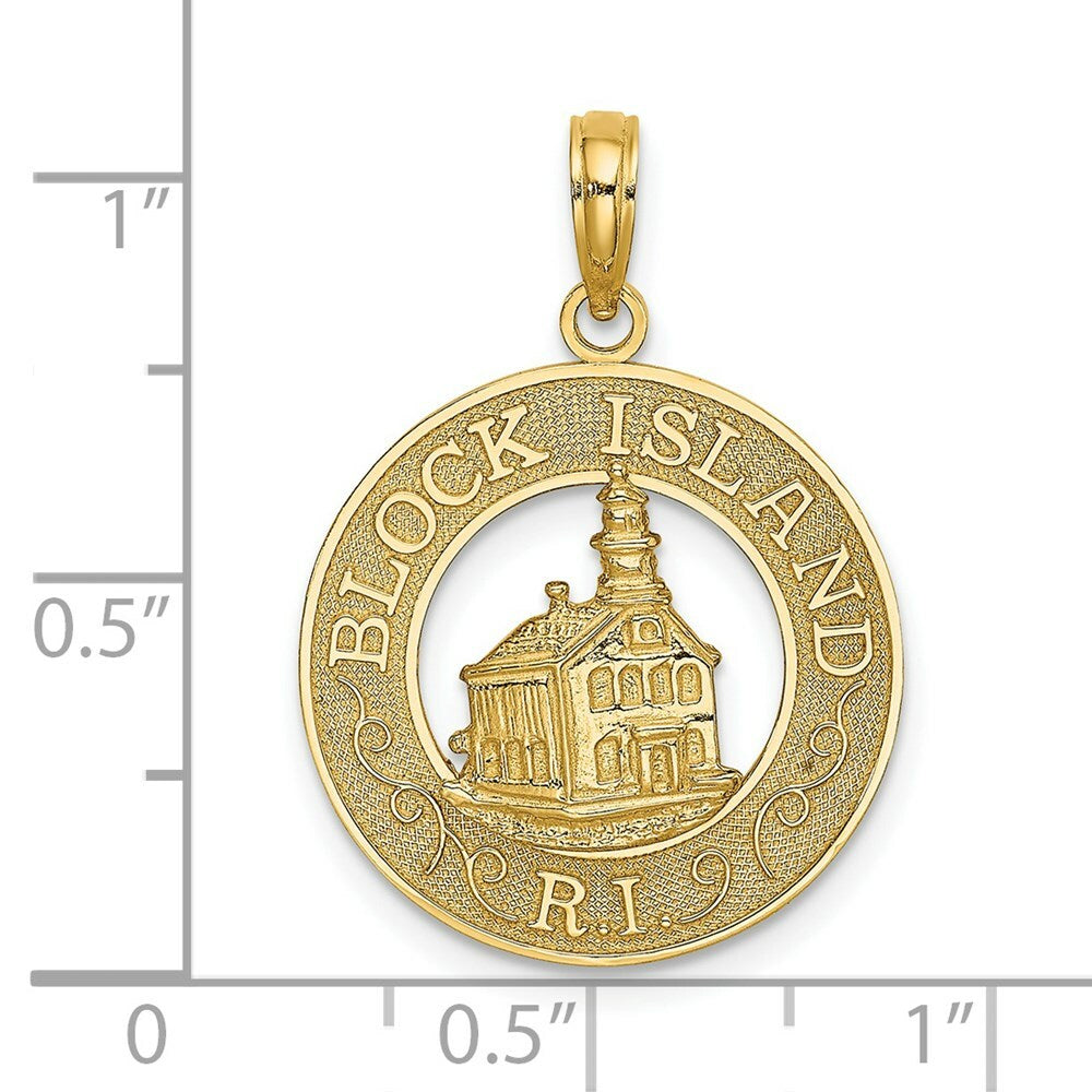 14K Yellow Gold Block ISLAND, RI Round Frame With Lighthouse Charm Pendant