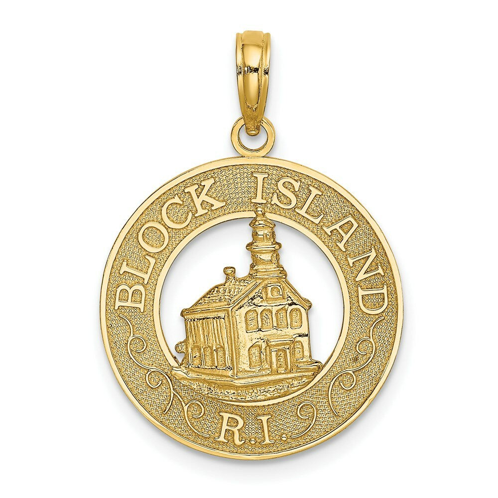 14K Yellow Gold Block ISLAND, RI Round Frame With Lighthouse Charm Pendant