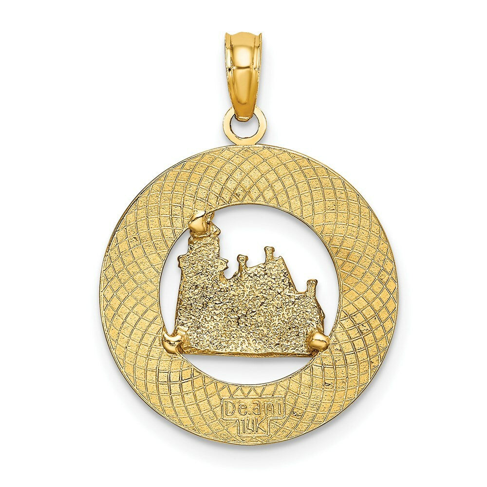 14K Yellow Gold Block ISLAND, RI Round Frame With Lighthouse Charm Pendant