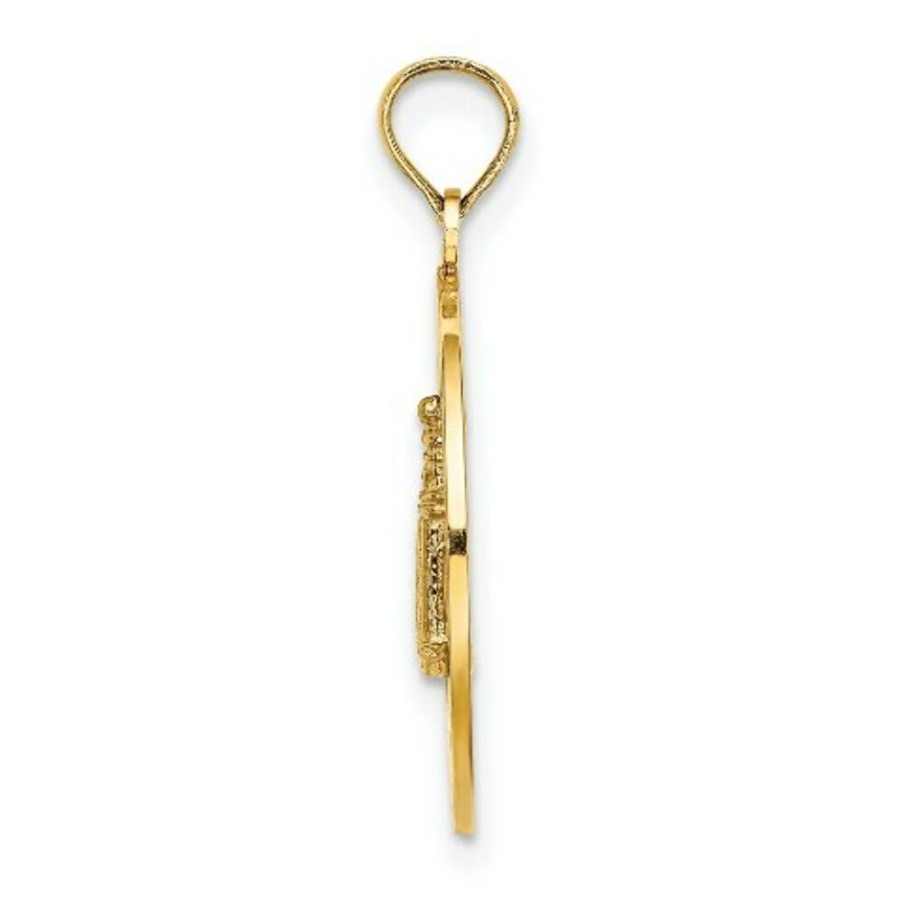 14K Yellow Gold Block ISLAND, RI Round Frame With Lighthouse Charm Pendant