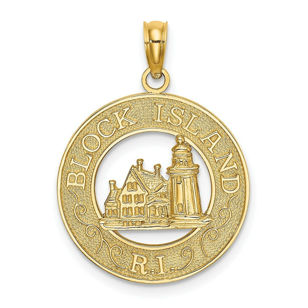 14K Yellow Gold Block ISLAND, RI Round Frame With Lighthouse Charm Pendant
