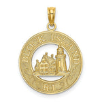 Load image into Gallery viewer, 14K Yellow Gold Block ISLAND, RI Round Frame With Lighthouse Charm Pendant
