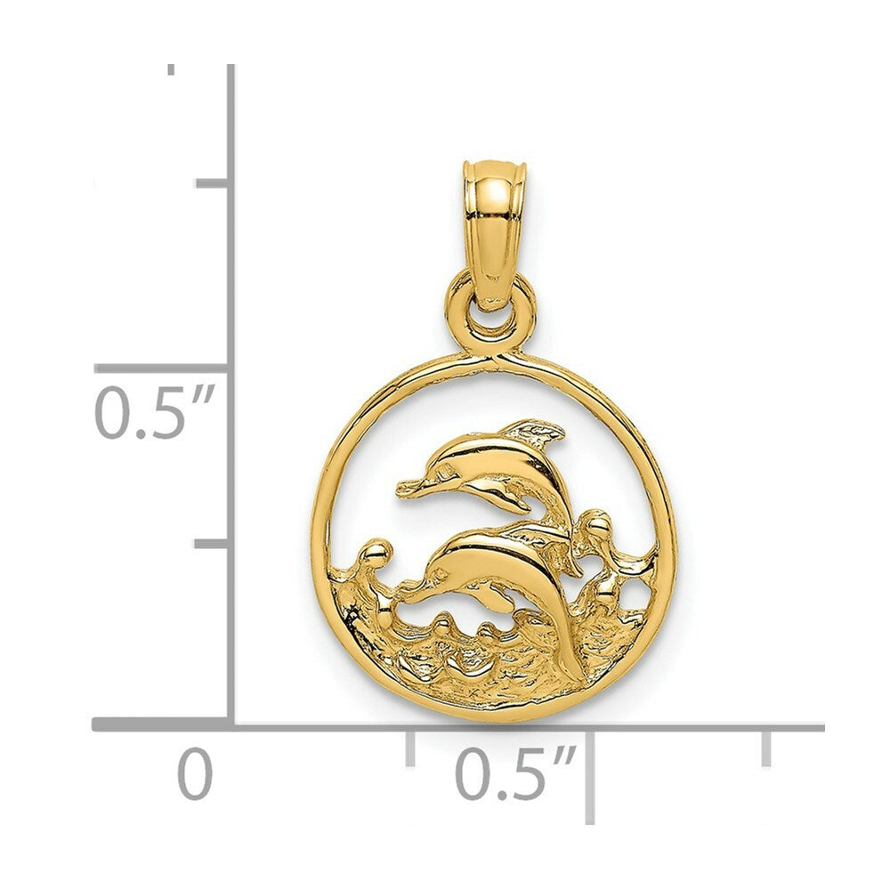 14K Yellow Gold Two Dolphins in Circle Charm Pendant