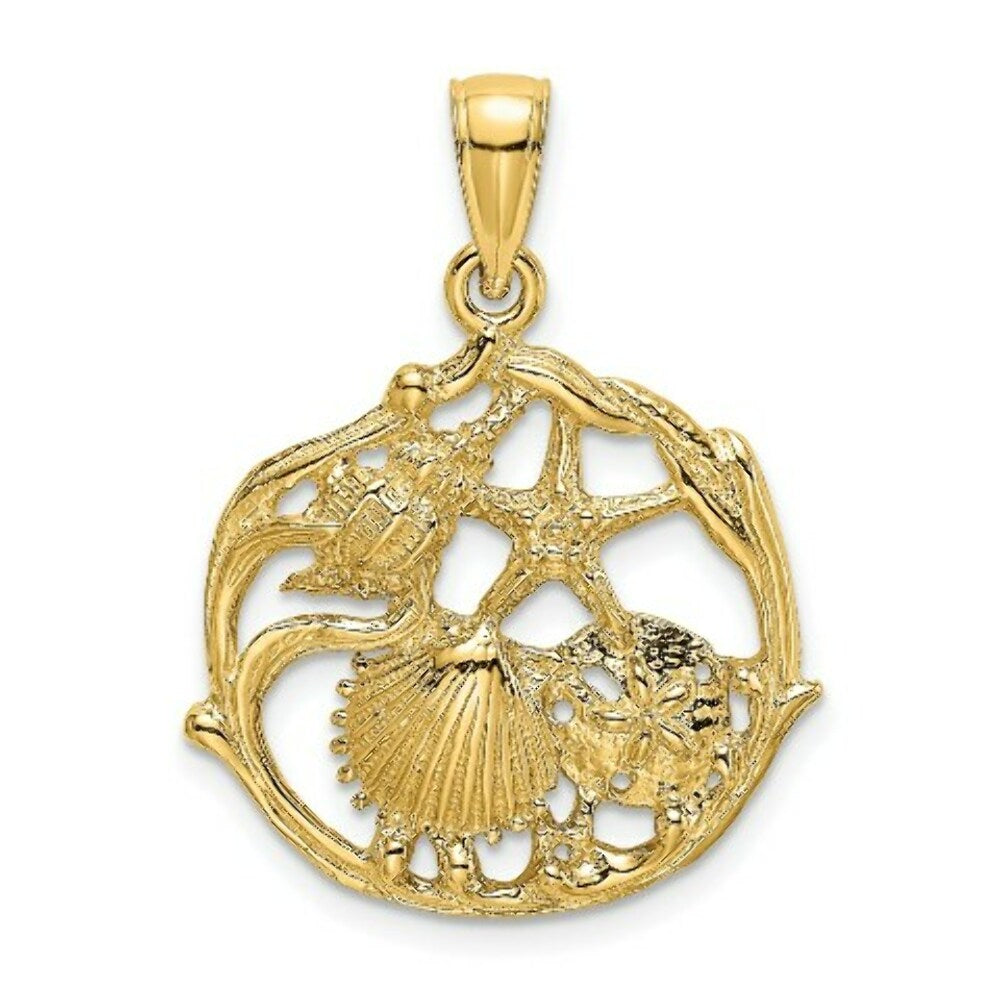 14K Yellow Gold 2-D Shell Cluster In Circle Charm Pendant