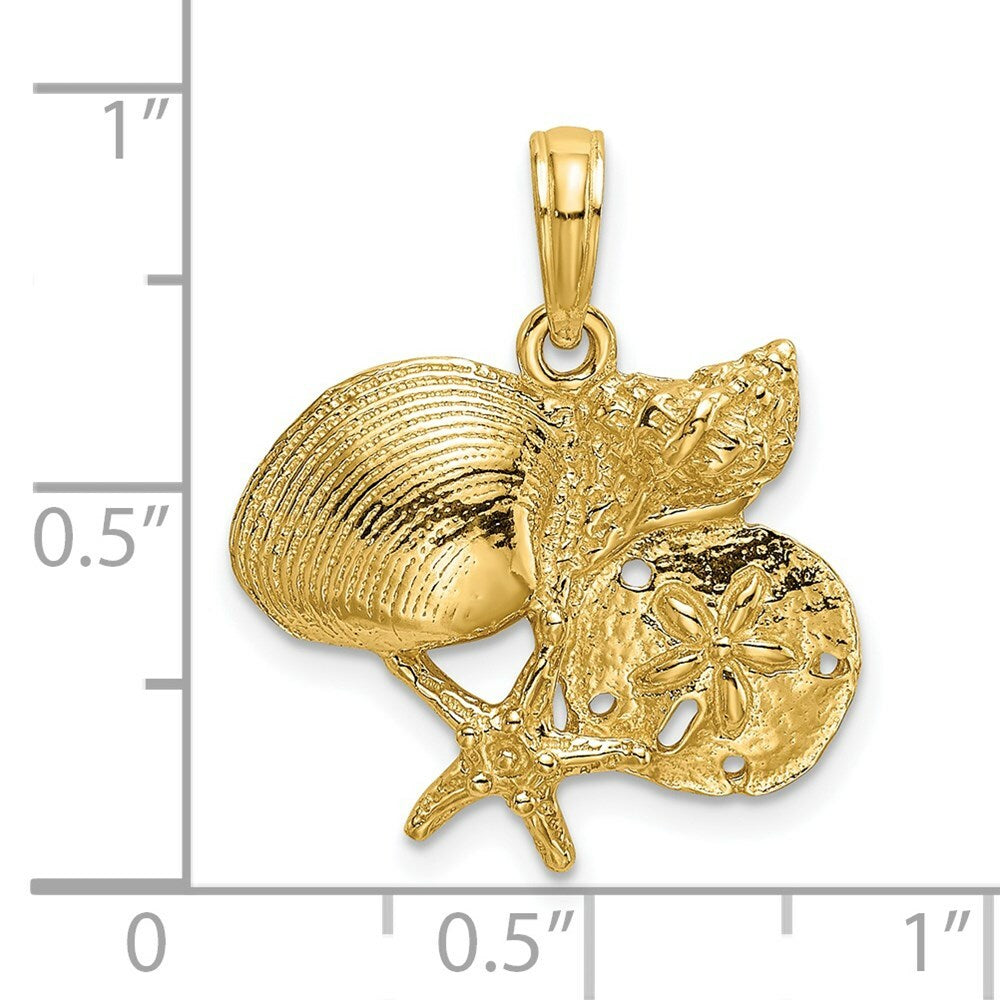 14K Yellow Gold 2-D Shell Cluster With Starfish Charm Pendant