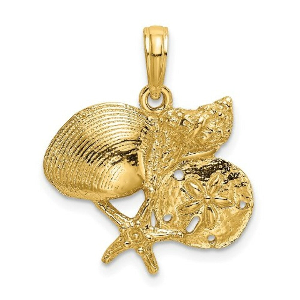 14K Yellow Gold 2-D Shell Cluster With Starfish Charm Pendant