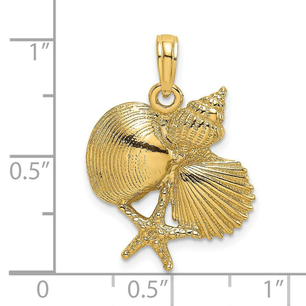 14K Yellow Gold 2-D & Textured Shell Cluster With Starfish Charm Pendant