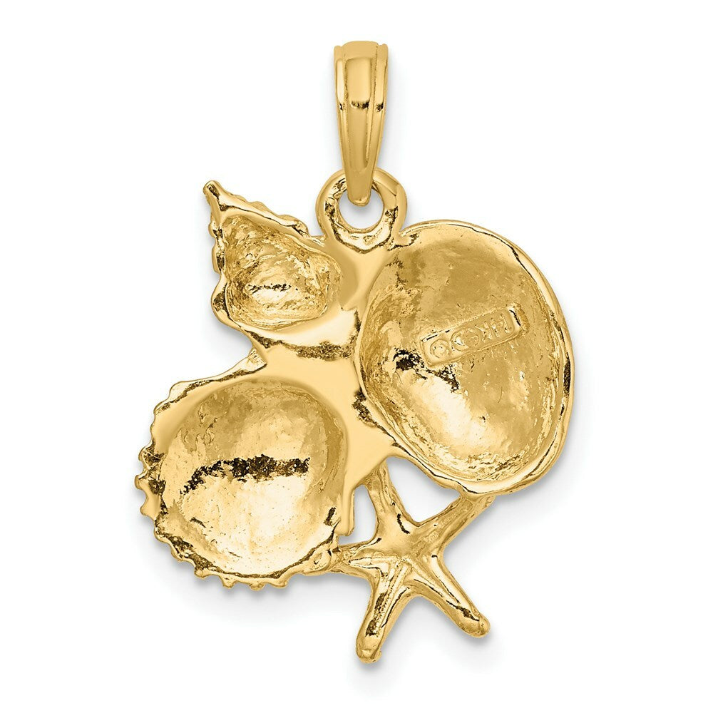 14K Yellow Gold 2-D & Textured Shell Cluster With Starfish Charm Pendant