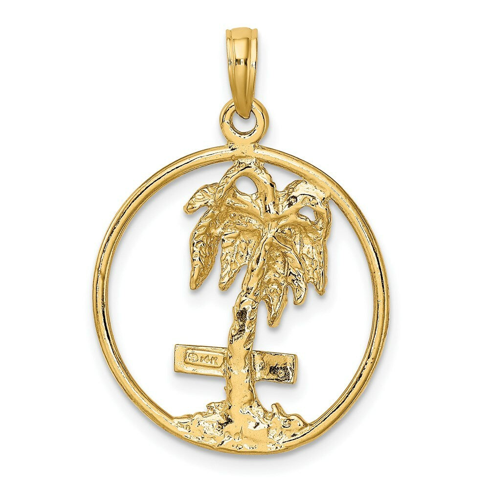 14K Yellow Gold 2-D MARCO ISLAND Palm Tree In Round Frame Charm Pendant