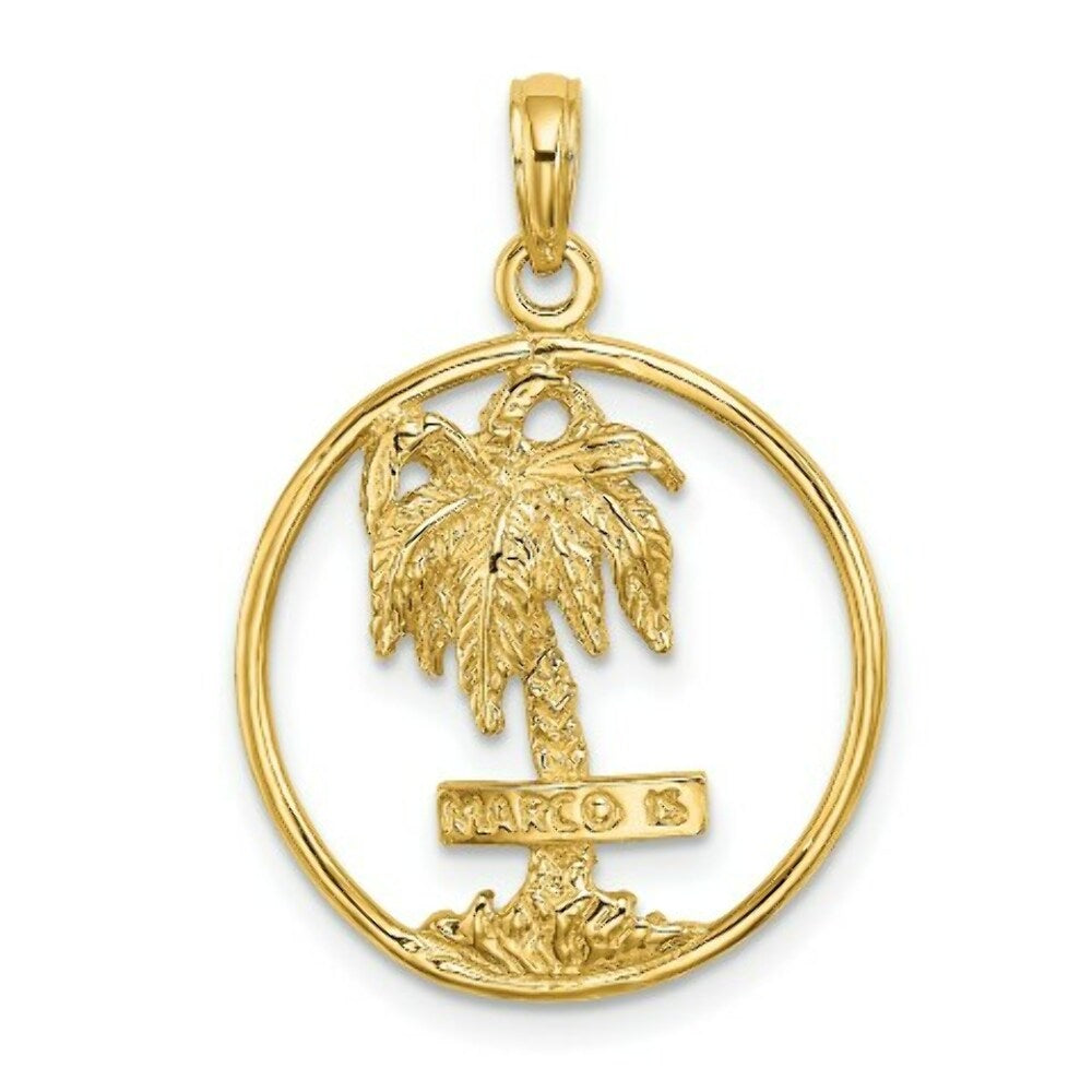 14K Yellow Gold 2-D MARCO ISLAND Palm Tree In Round Frame Charm Pendant