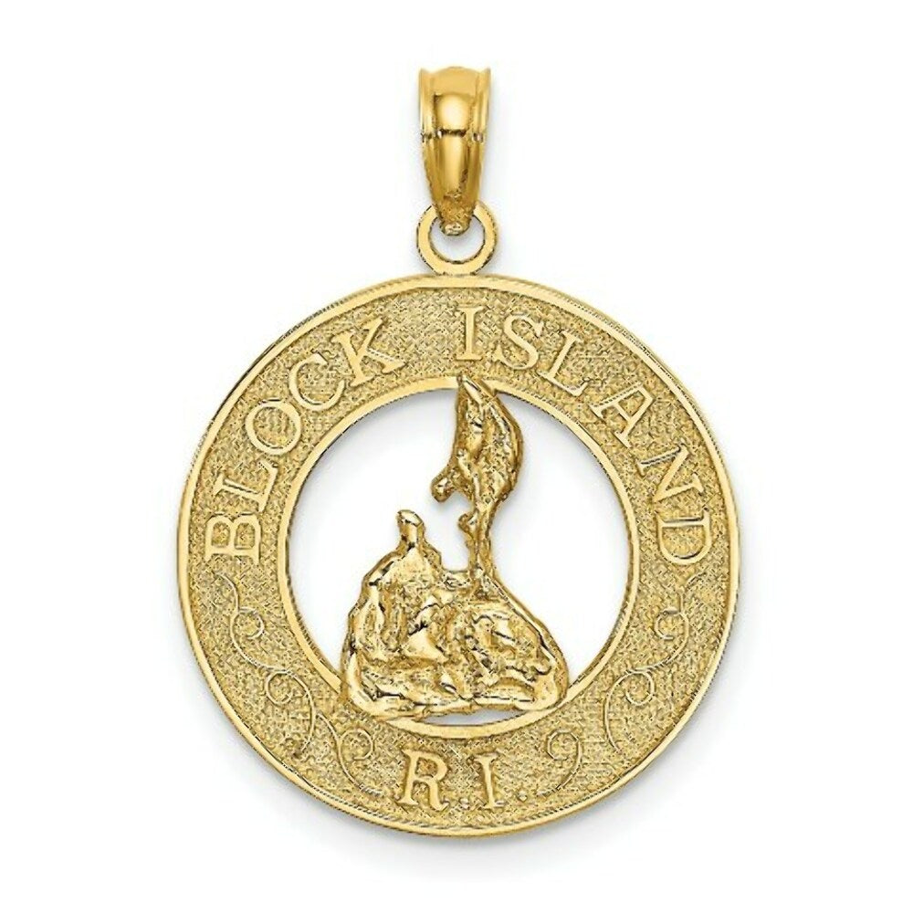 14K Yellow Gold Block ISLAND, RI Round Frame With Map Charm Pendant