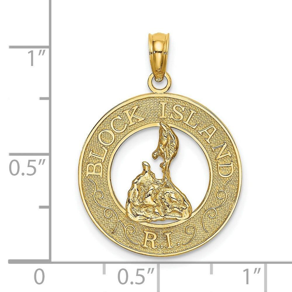 14K Yellow Gold Block ISLAND, RI Round Frame With Map Charm Pendant