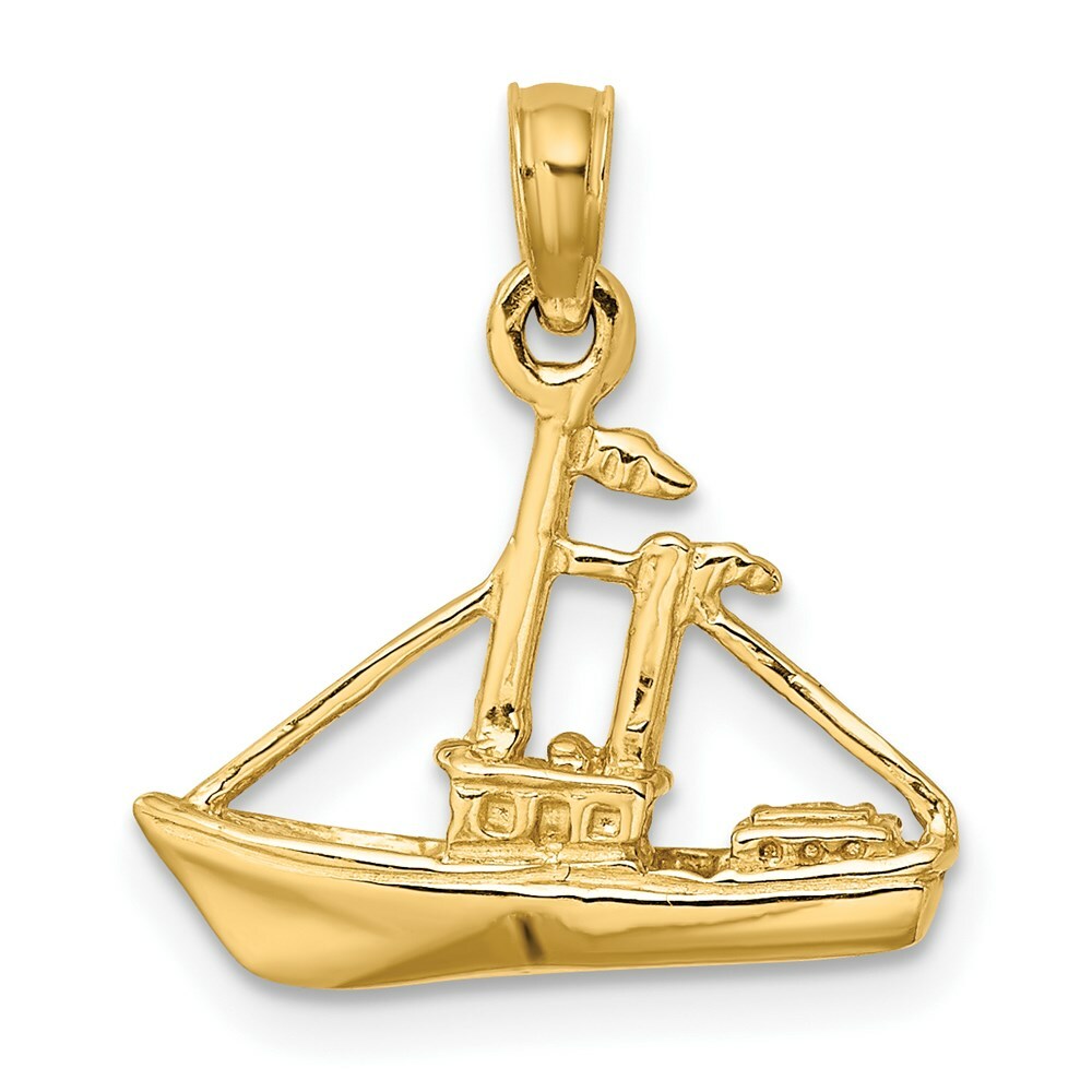 14K Yellow Gold 3-D Cargo Ship With Tug Boat Charm Pendant