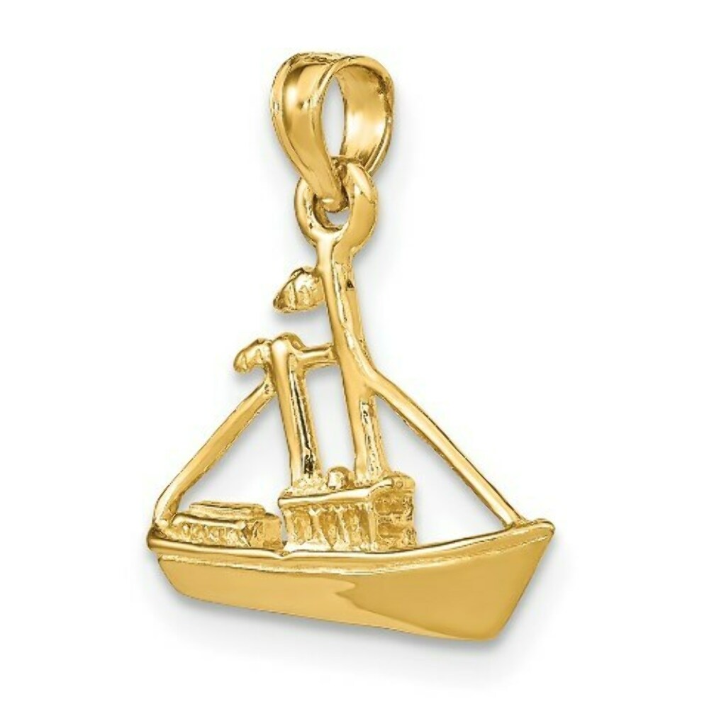 14K Yellow Gold 3-D Cargo Ship With Tug Boat Charm Pendant