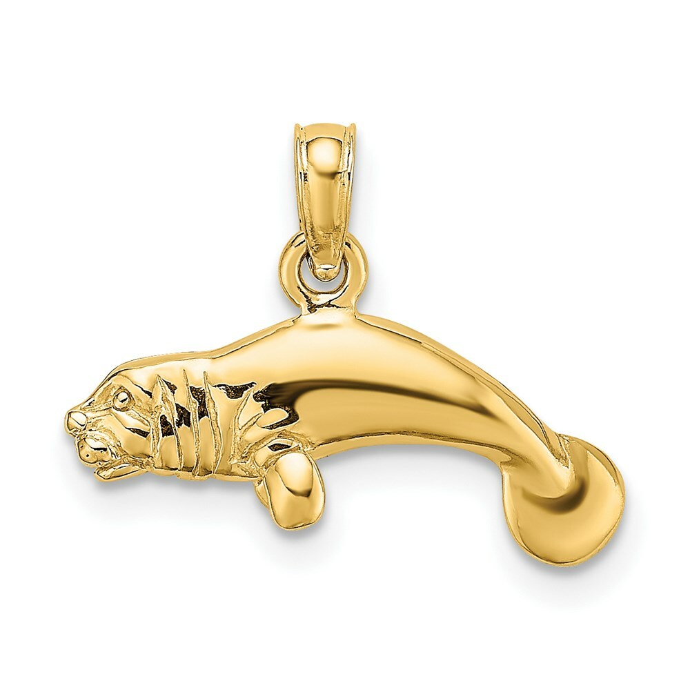 14K Yellow Gold 3-D Polished Swimming Manatee Charm Pendant