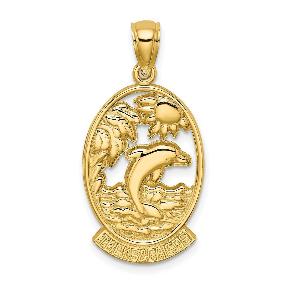 14K Yellow Gold Turks and Caicos With Dolphin and Sunset In Frame Charm Pendant