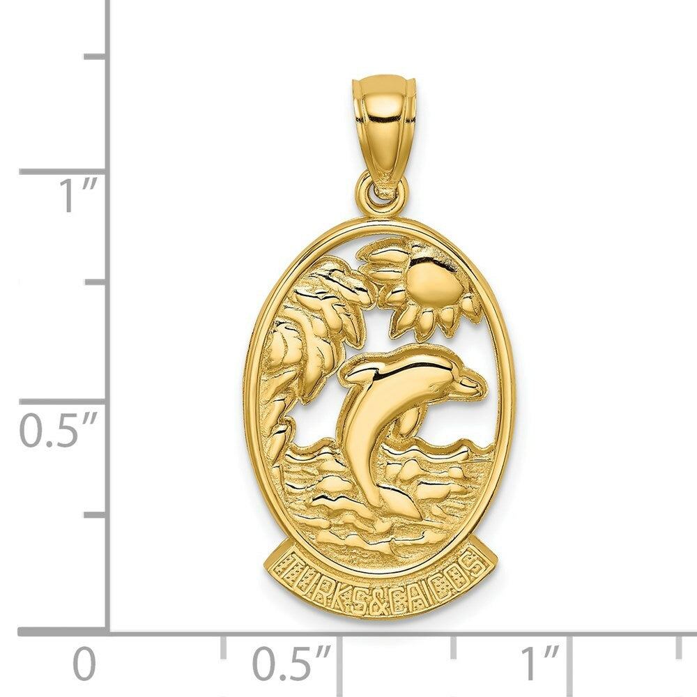 14K Yellow Gold Turks and Caicos With Dolphin and Sunset In Frame Charm Pendant