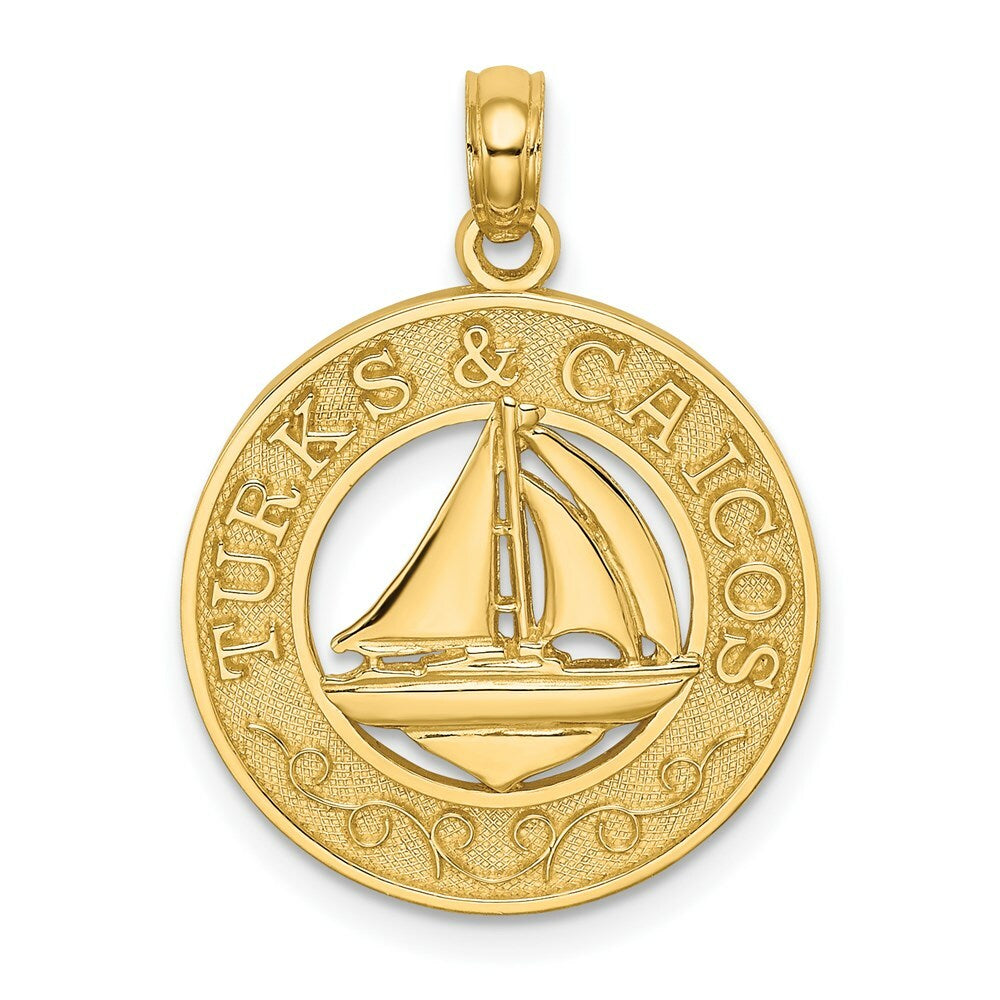 14K Yellow Gold TURKS & CAICOS On Round Frame With Sailboat Charm Pendant