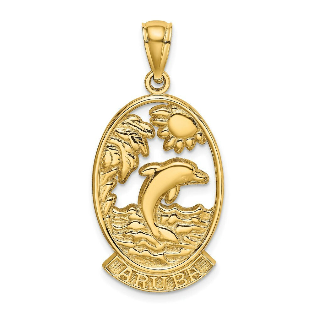 14K Yellow Gold ARUBA With Dolphin & Sunset In Frame Charm Pendant