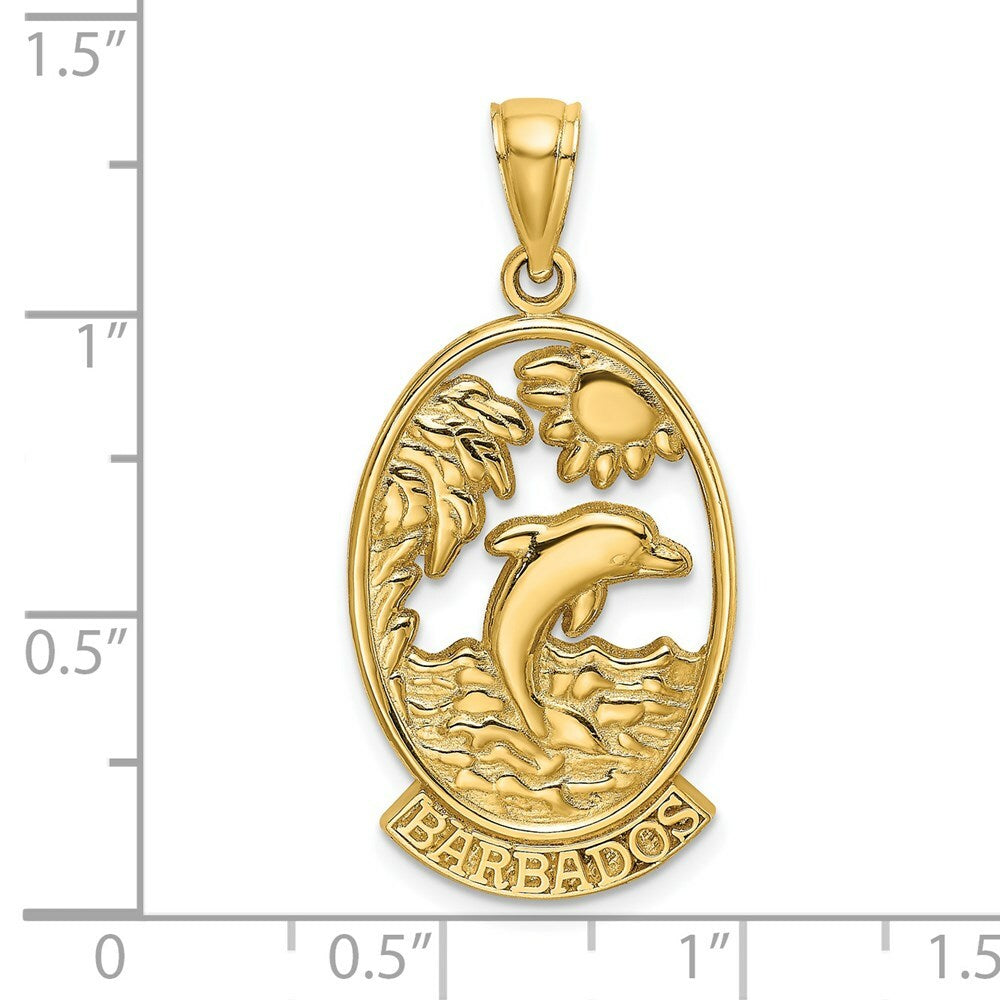 14K Yellow Gold BARBADOS With Dolphin & Sunset In Frame Charm Pendant