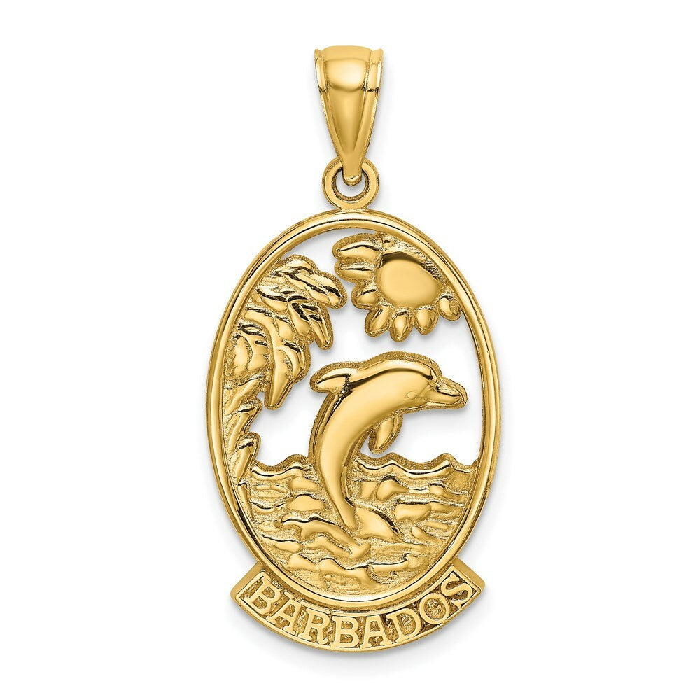 14K Yellow Gold BARBADOS With Dolphin & Sunset In Frame Charm Pendant