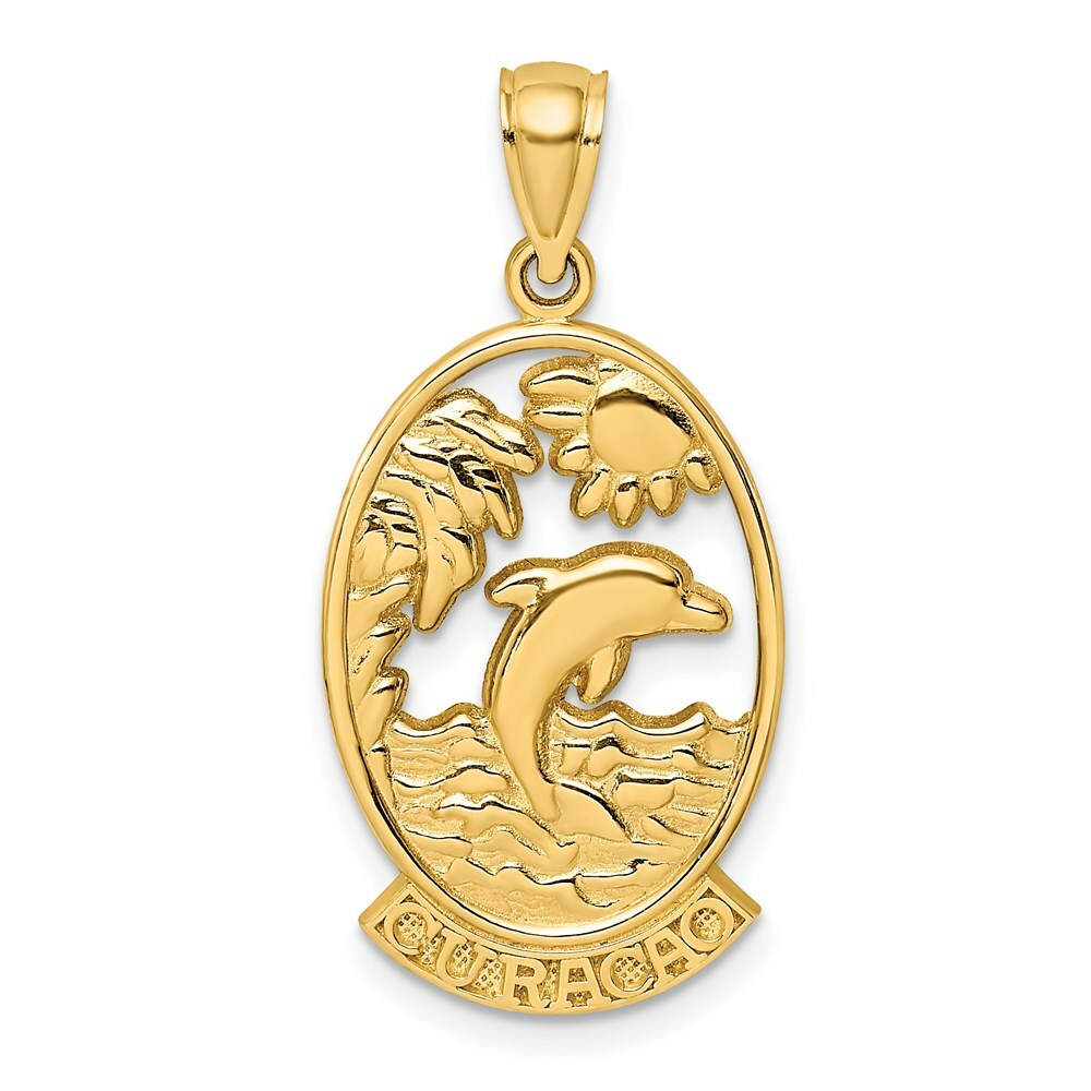 14K Yellow Gold CURACAO With Dolphin & Sunset Charm Pendant
