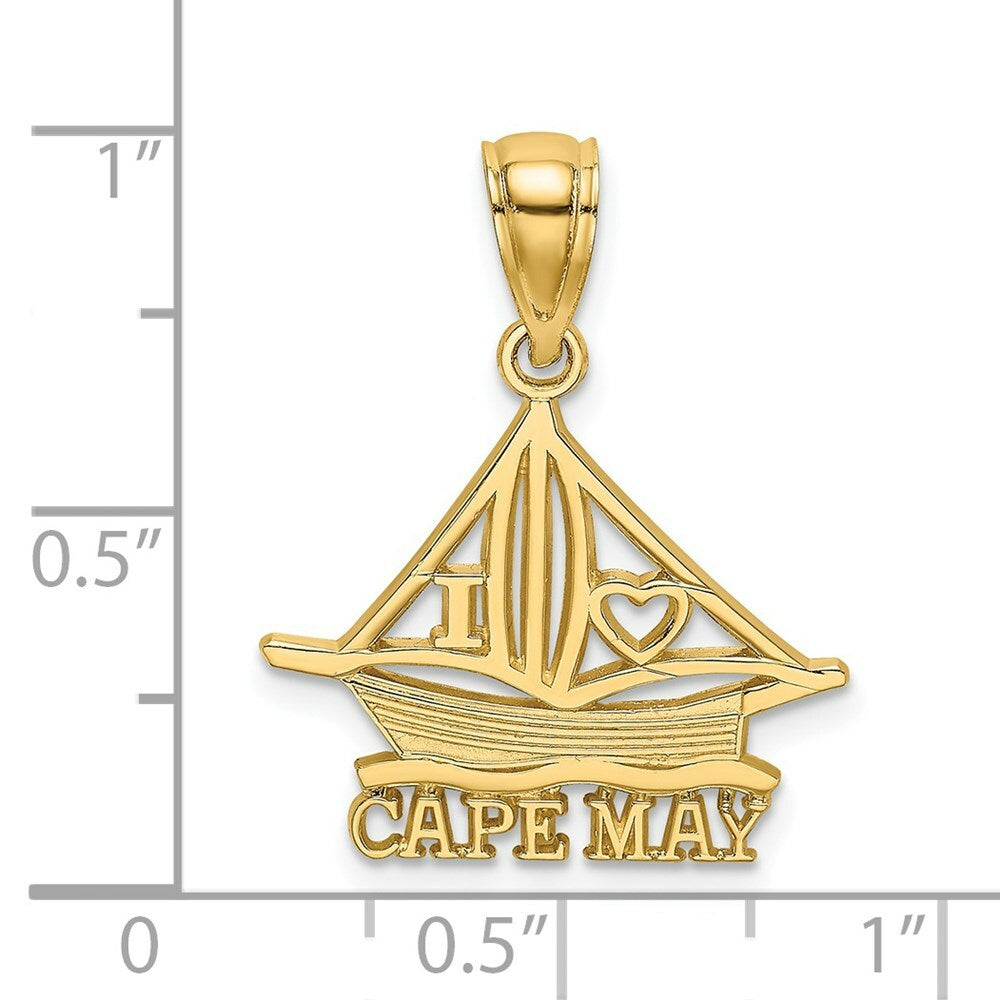 14K Yellow Gold I HEART CAPE MAY With Cut-Out Boat Charm Pendant