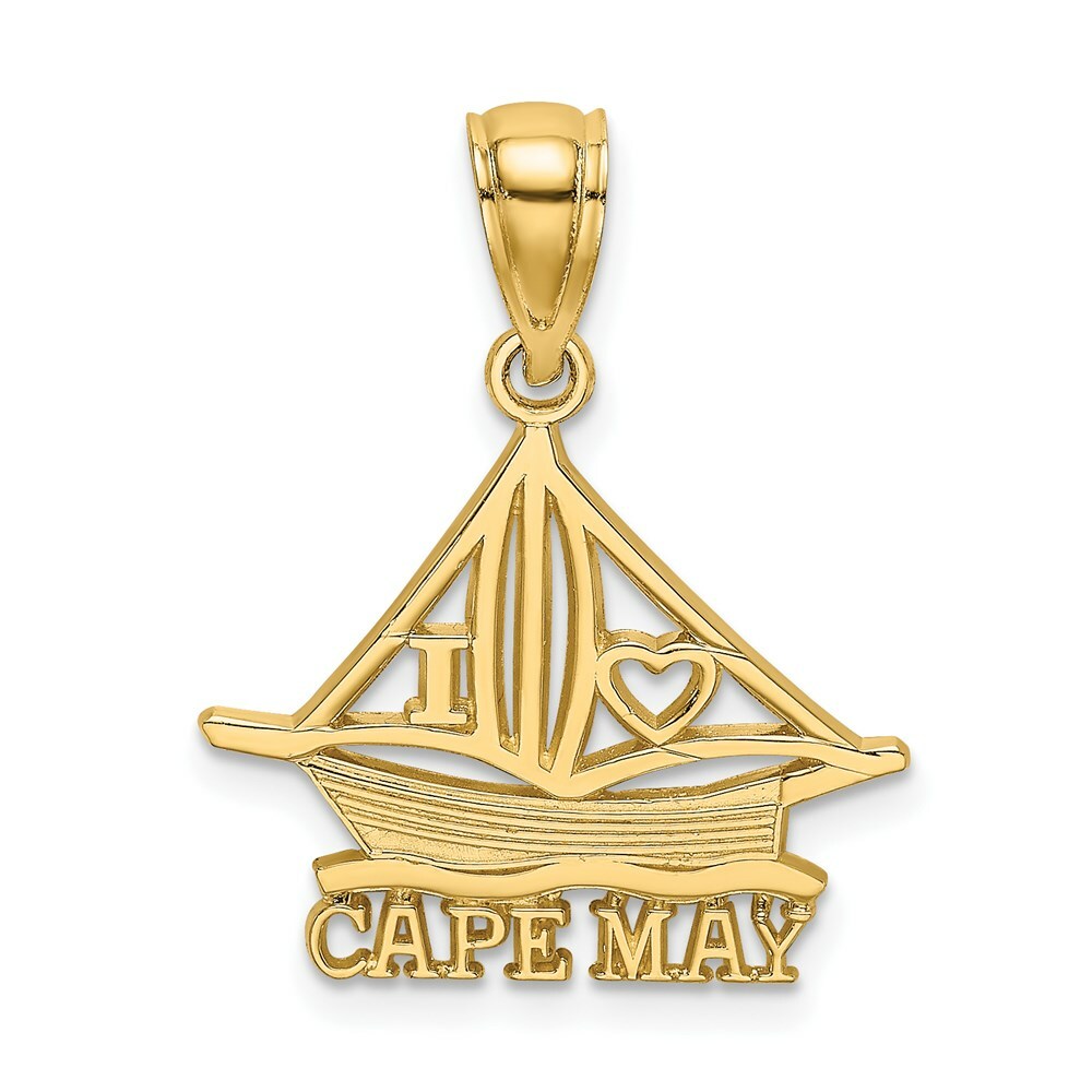 14K Yellow Gold I HEART CAPE MAY With Cut-Out Boat Charm Pendant