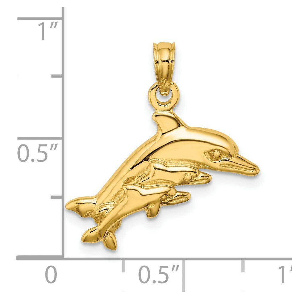 14K Yellow Gold Dolphin With 2 BABY DolphinS Charm Pendant