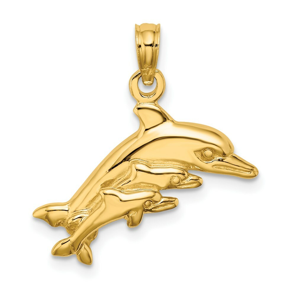 14K Yellow Gold Dolphin With 2 BABY DolphinS Charm Pendant