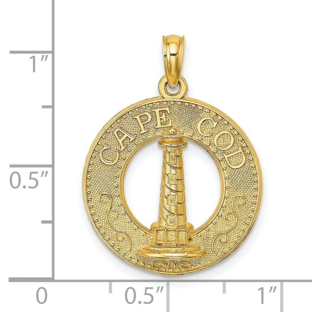 14K Yellow Gold CAPE COD Round Frame With Lighthouse Charm Pendant
