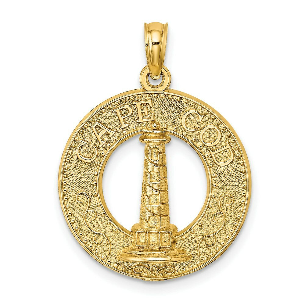 14K Yellow Gold CAPE COD Round Frame With Lighthouse Charm Pendant