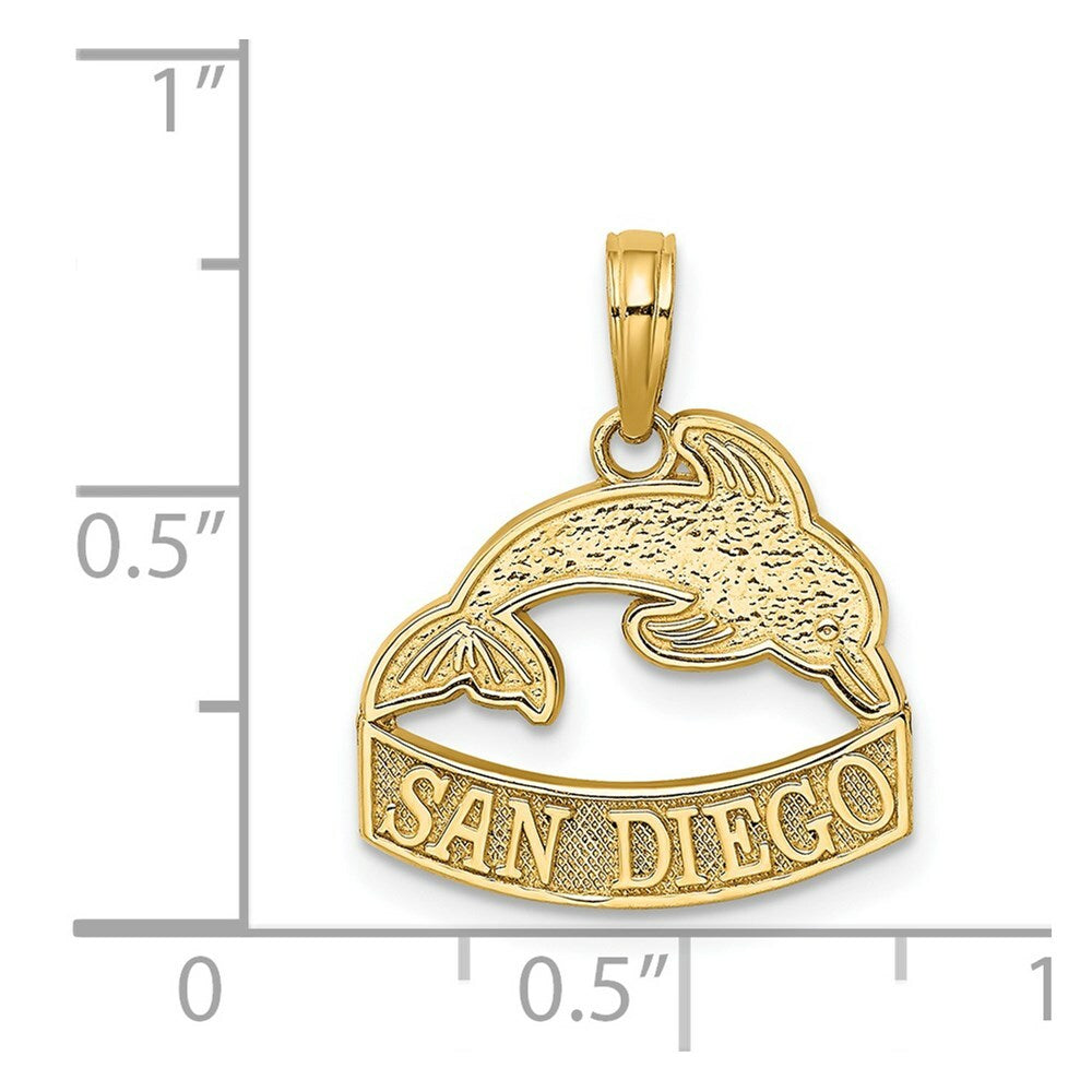 14K Yellow Gold SAN DIEGO Banner Under Dolphins Charm Pendant