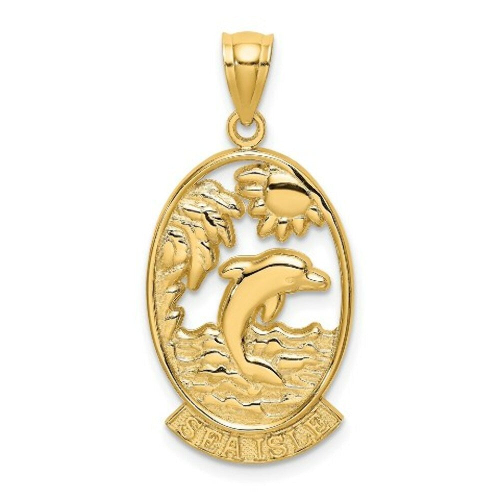 14K Yellow Gold SEA ISLE With Dolphin & Sunset in Frame Charm Pendant