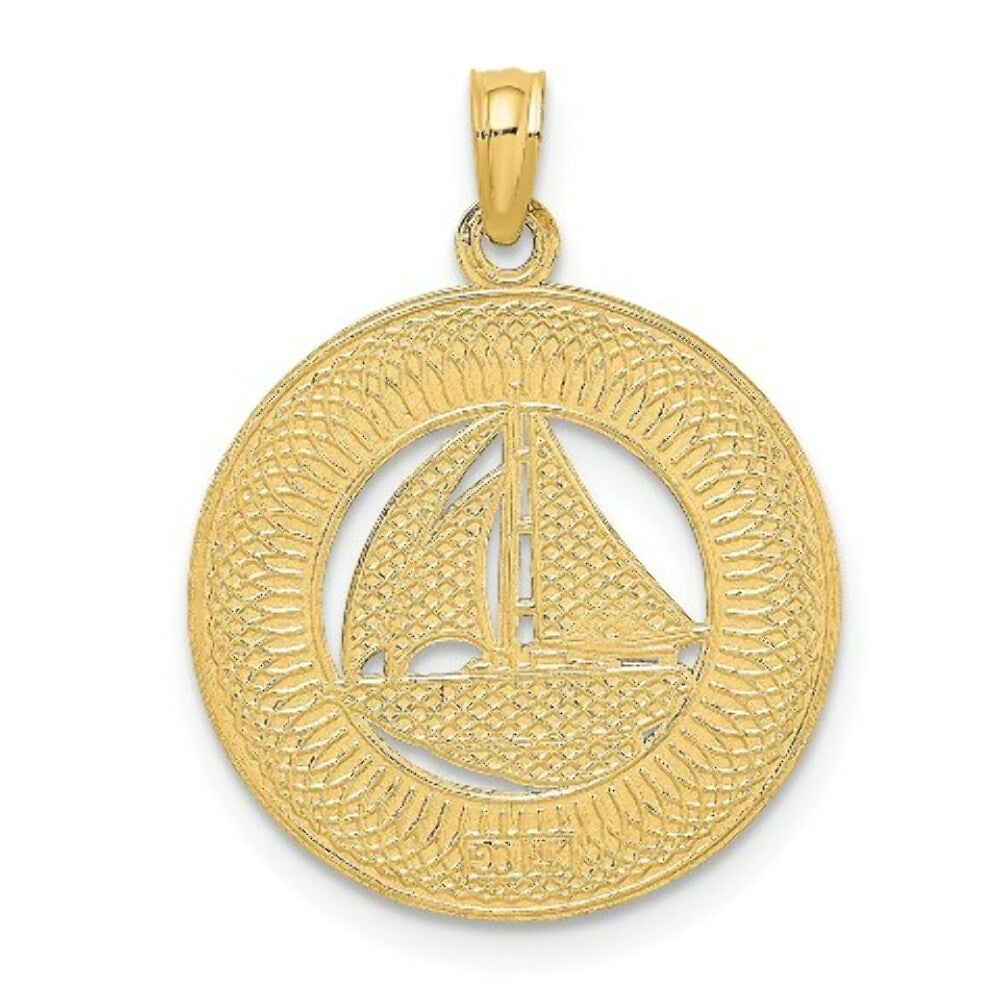 14K Yellow Gold Key West on Round Frame Sailboat Charm Pendant