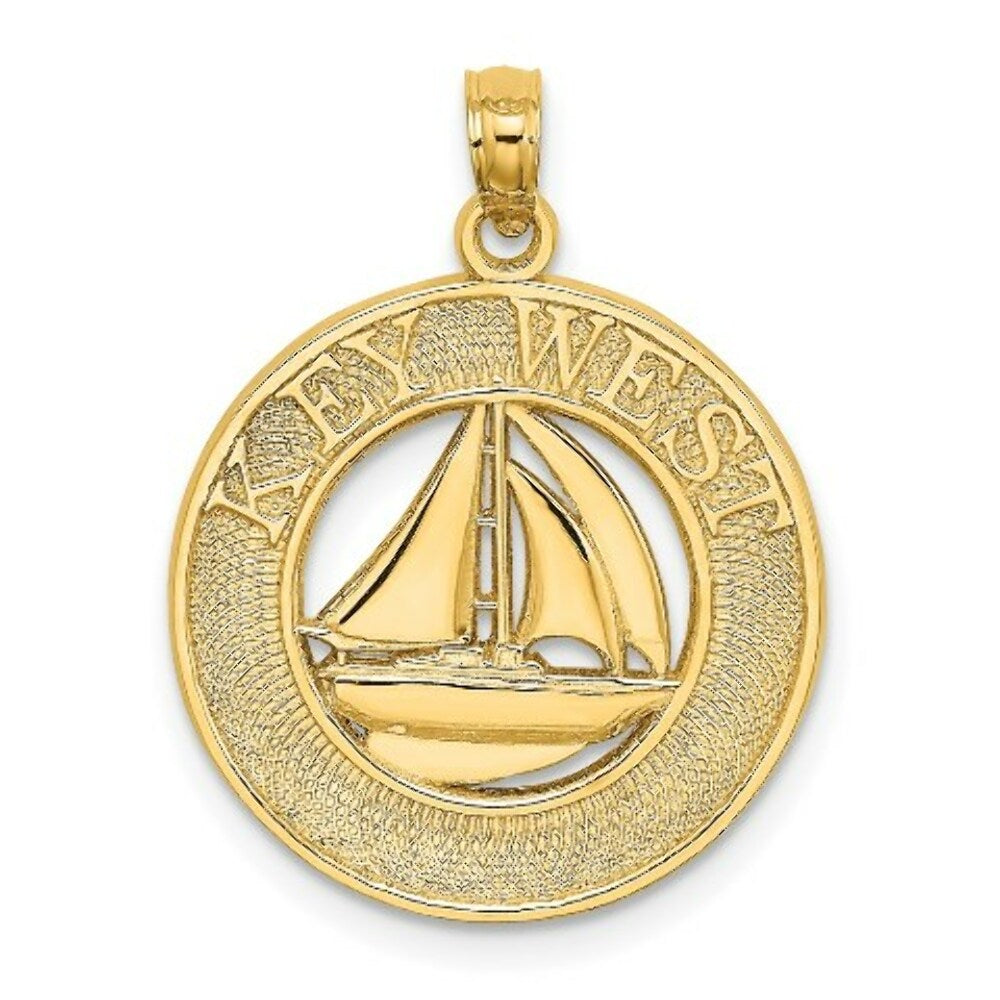 14K Yellow Gold Key West on Round Frame Sailboat Charm Pendant