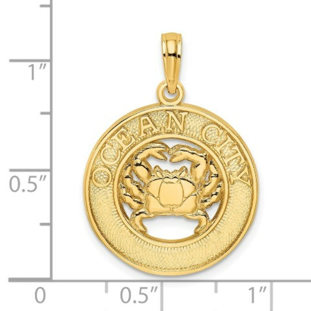 14K Yellow Gold OCEAN CITY On Round Frame With Crab Charm Pendant