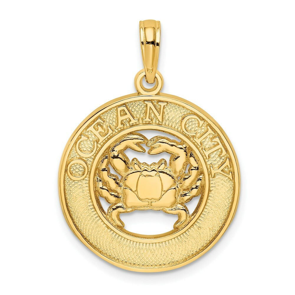 14K Yellow Gold OCEAN CITY On Round Frame With Crab Charm Pendant
