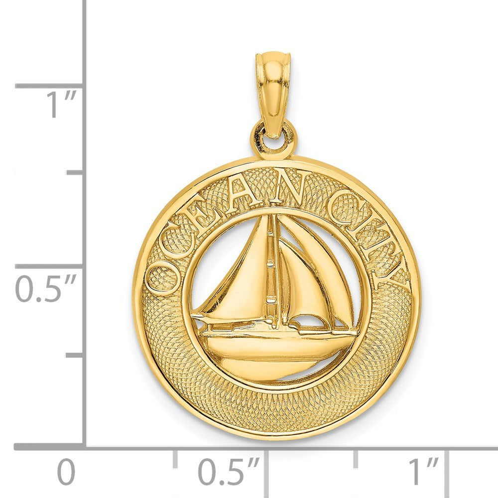 14K Yellow Gold OCEAN CITY On Round Frame With Sailboat Charm Pendant