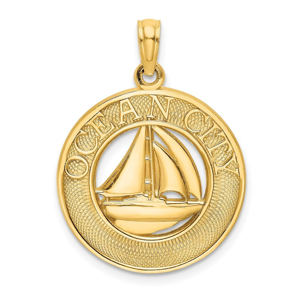 14K Yellow Gold OCEAN CITY On Round Frame With Sailboat Charm Pendant