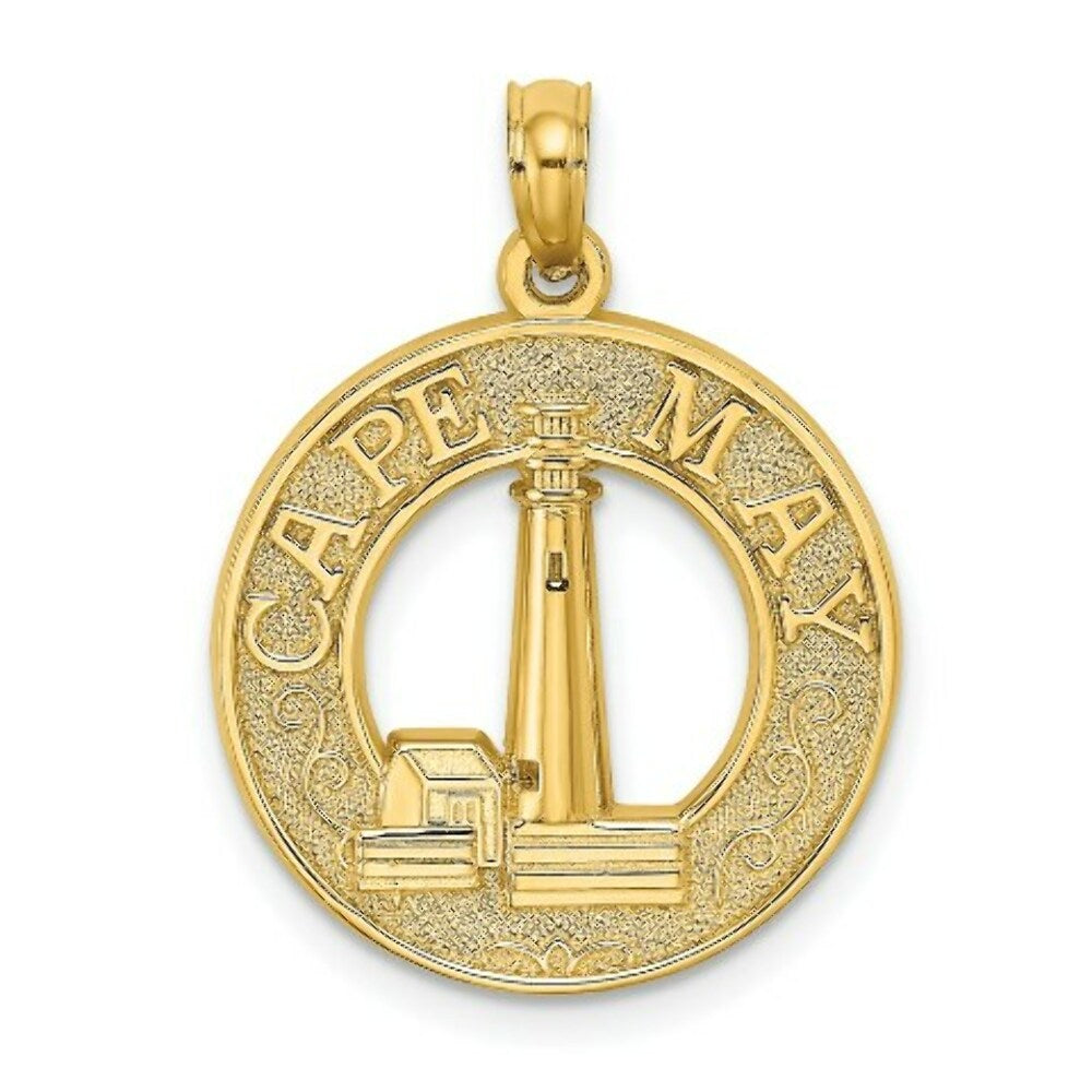 14K Yellow Gold CAPE MAY Round Frame With Lighthouse Center Charm Pendant