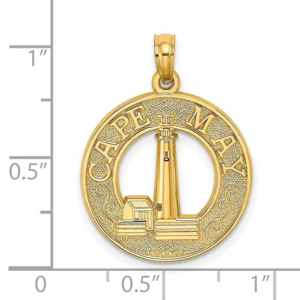 14K Yellow Gold CAPE MAY Round Frame With Lighthouse Center Charm Pendant