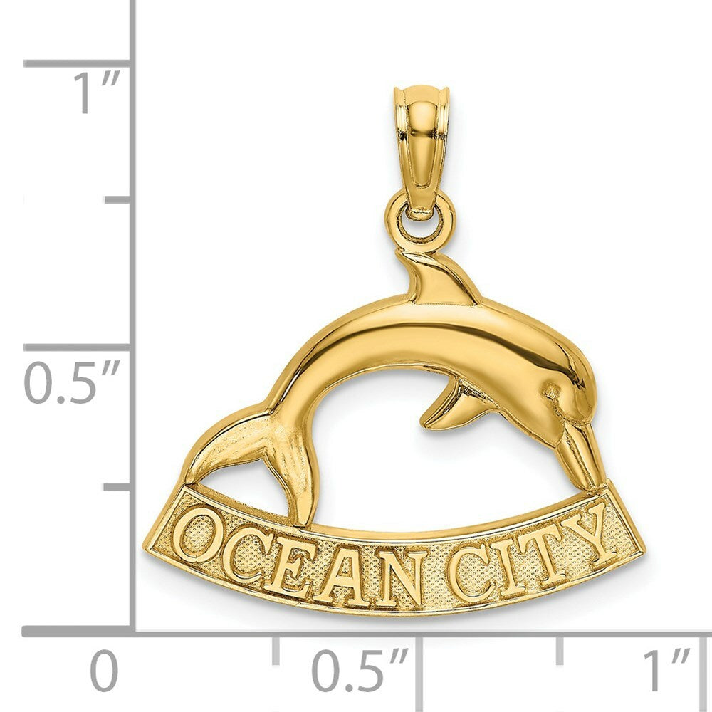 14K Yellow Gold 2-D OCEAN CITY Under Dolphin Charm Pendant