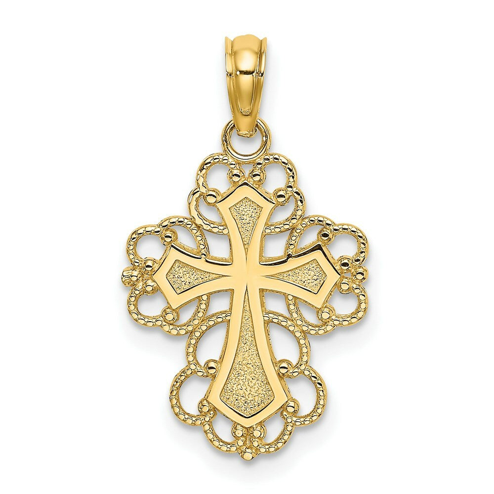 14K Yellow Gold Beaded Lace Trim Cross Charm Pendant