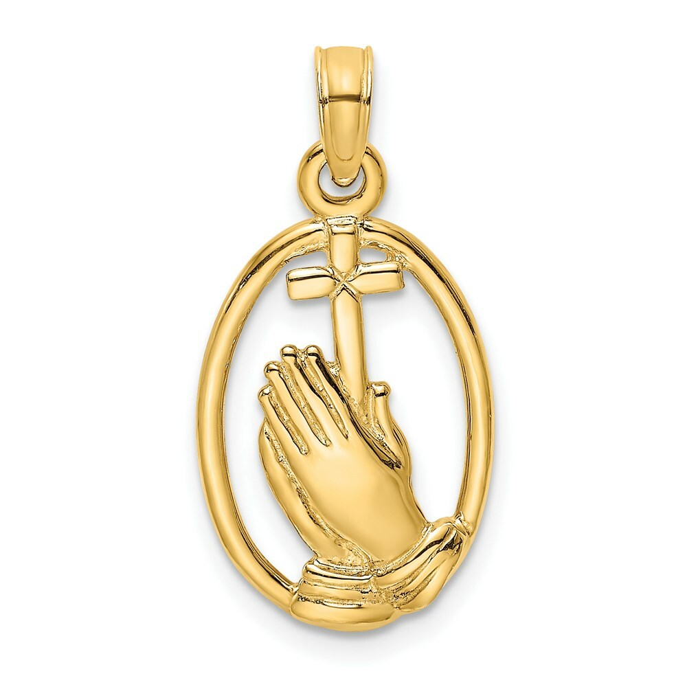 14K Yellow Gold Praying Hands & Cross In Oval Charm Pendant