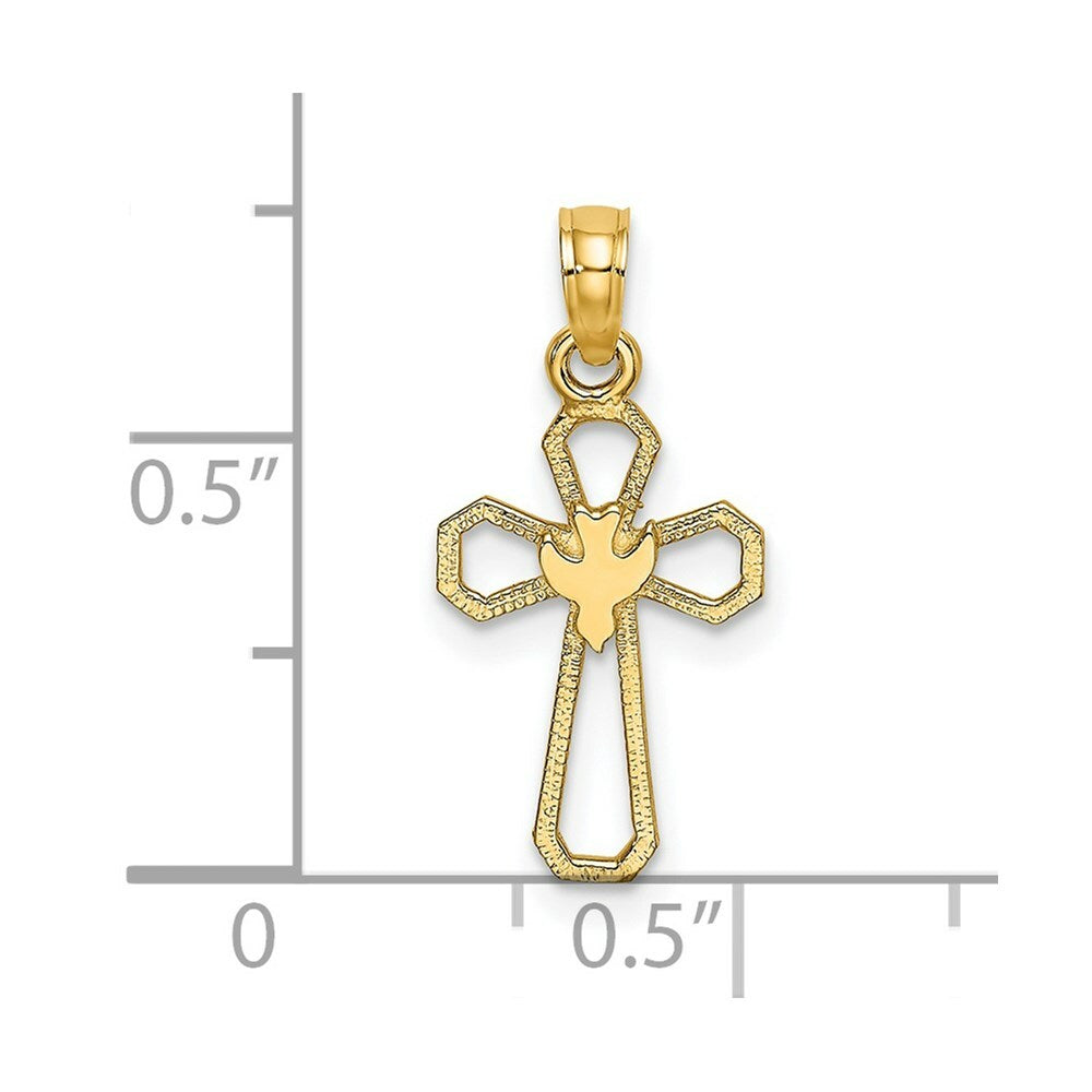 14K Yellow Gold Cut-Out Cross With Dove Charm Pendant