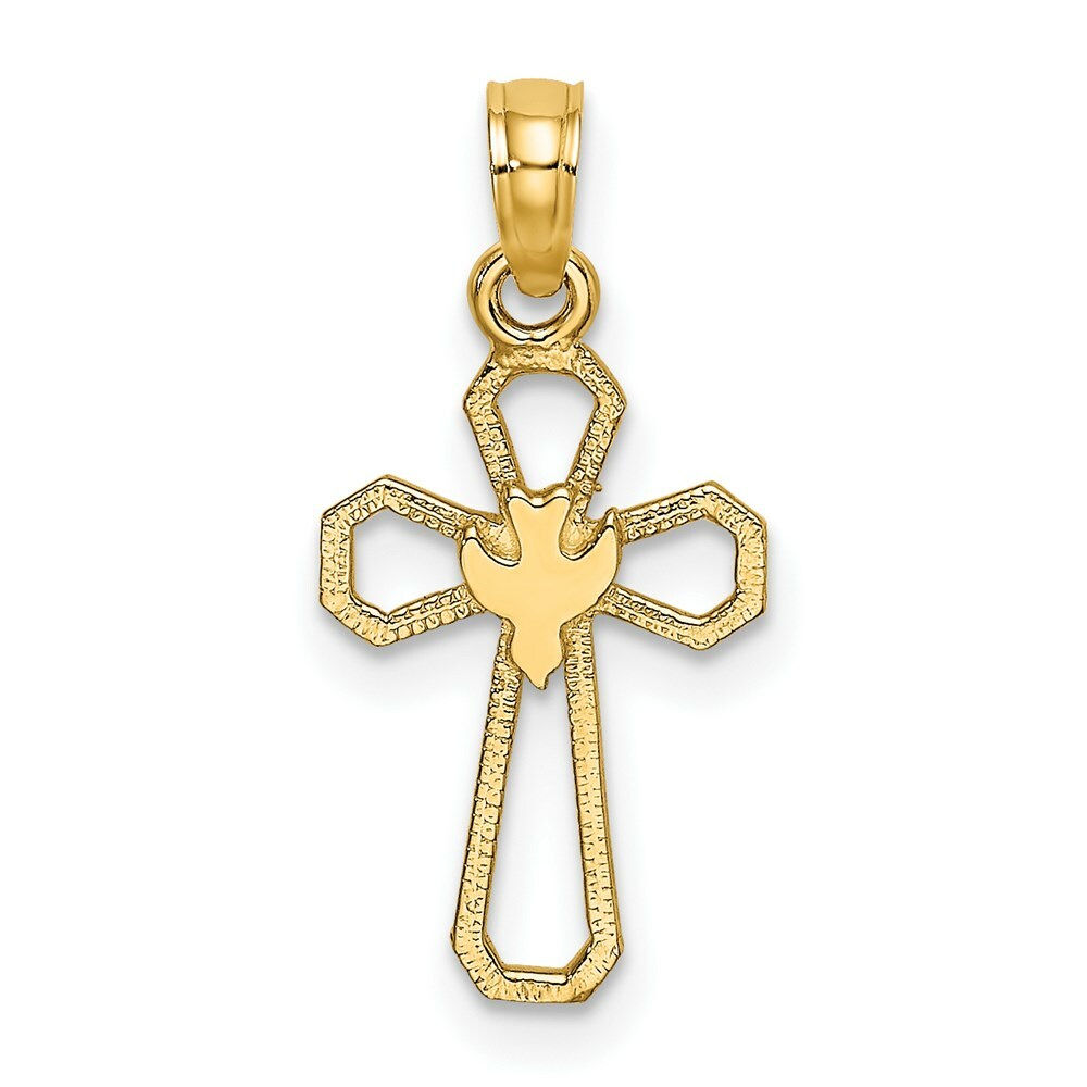 14K Yellow Gold Cut-Out Cross With Dove Charm Pendant