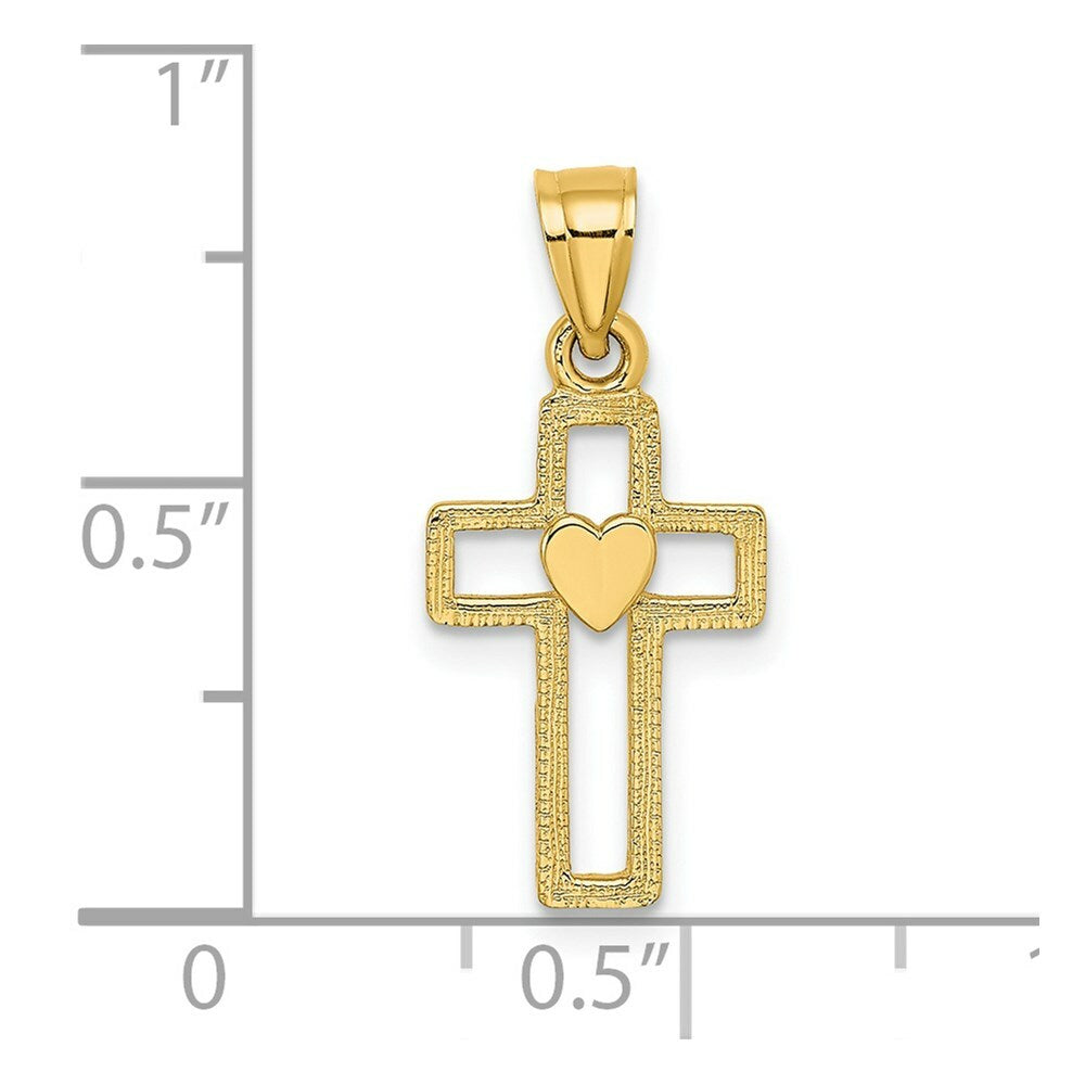 14K Yellow Gold Cut-Out Cross With Heart Charm Pendant