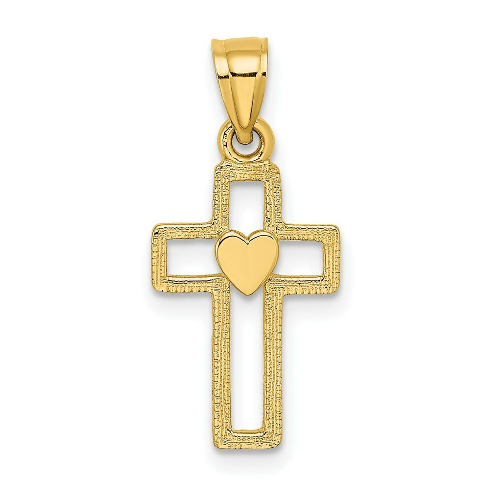 14K Yellow Gold Cut-Out Cross With Heart Charm Pendant